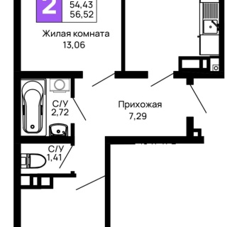 Объявление 2-к квартира, 56.52м2, 13/16 эт