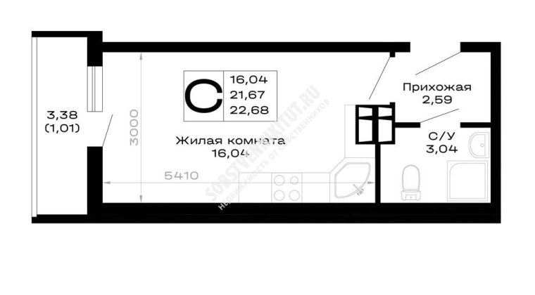 Объявление Студия, 22.68м2, 2/16 эт