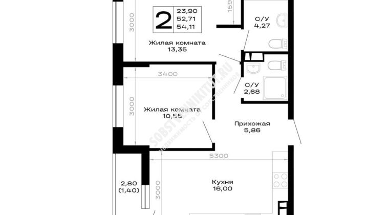 Объявление 2-к квартира, 54.11м2, 3/16 эт