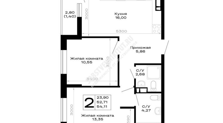 Объявление 2-к квартира, 54.11м2, 4/16 эт