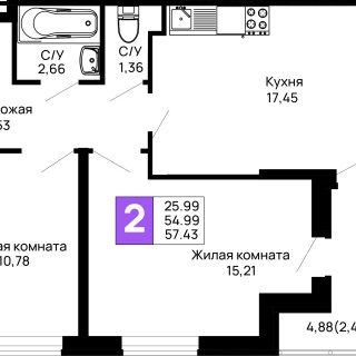 Объявление 2-к квартира, 57.43м2, 2/16 эт