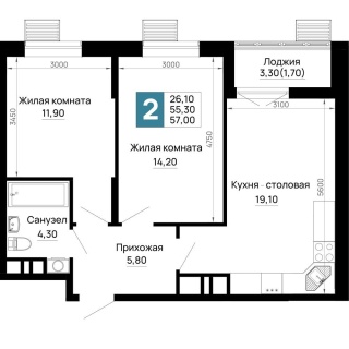 Объявление 2-к квартира, 57м2, 12/16 эт