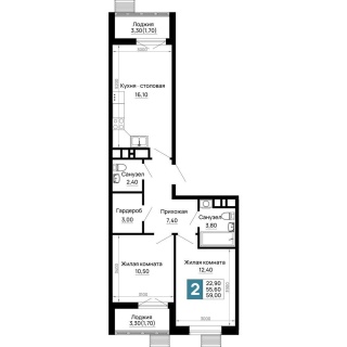 Объявление 2-к квартира, 59м2, 1/16 эт