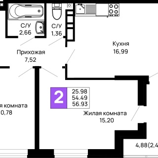 Объявление 2-к квартира, 56.93м2, 9/16 эт