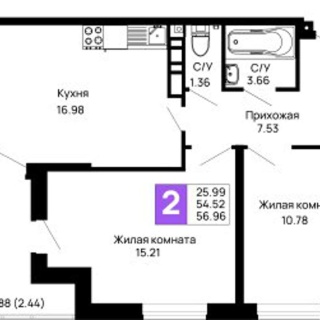 Объявление 2-к квартира, 56.96м2, 3/14 эт