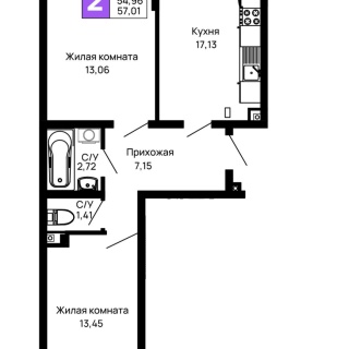 Объявление 2-к квартира, 57.01м2, 2/16 эт