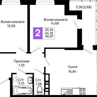 Объявление 2-к квартира, 56.87м2, 6/16 эт